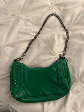 Green and Silver Studded Chain-Handle Shoulder Bag